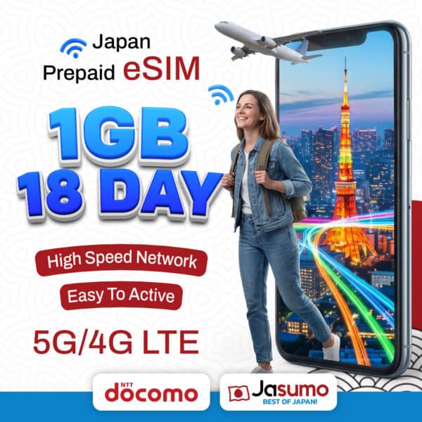 Japan eSIM 18 Day Plan – 1GB Per Day High-Speed, Unlimited Data (Docomo)