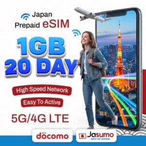 Japan eSIM 20 Day Plan – 1GB Per Day High-Speed, Unlimited Data (Docomo)