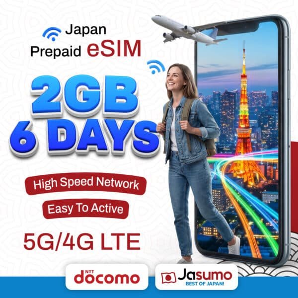 Japan eSIM 6 Day Plan – 2GB Per Day High-Speed, Unlimited Data (Docomo)