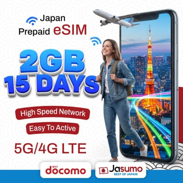 Japan eSIM 15 Day Plan – 2GB Per Day High-Speed, Unlimited Data (Docomo)