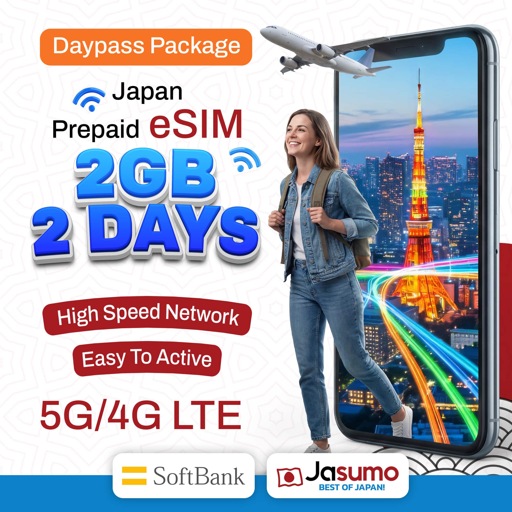 Japan eSIM 2 Day Plan – 2GB Per Day High-Speed Data (SoftBank Network)