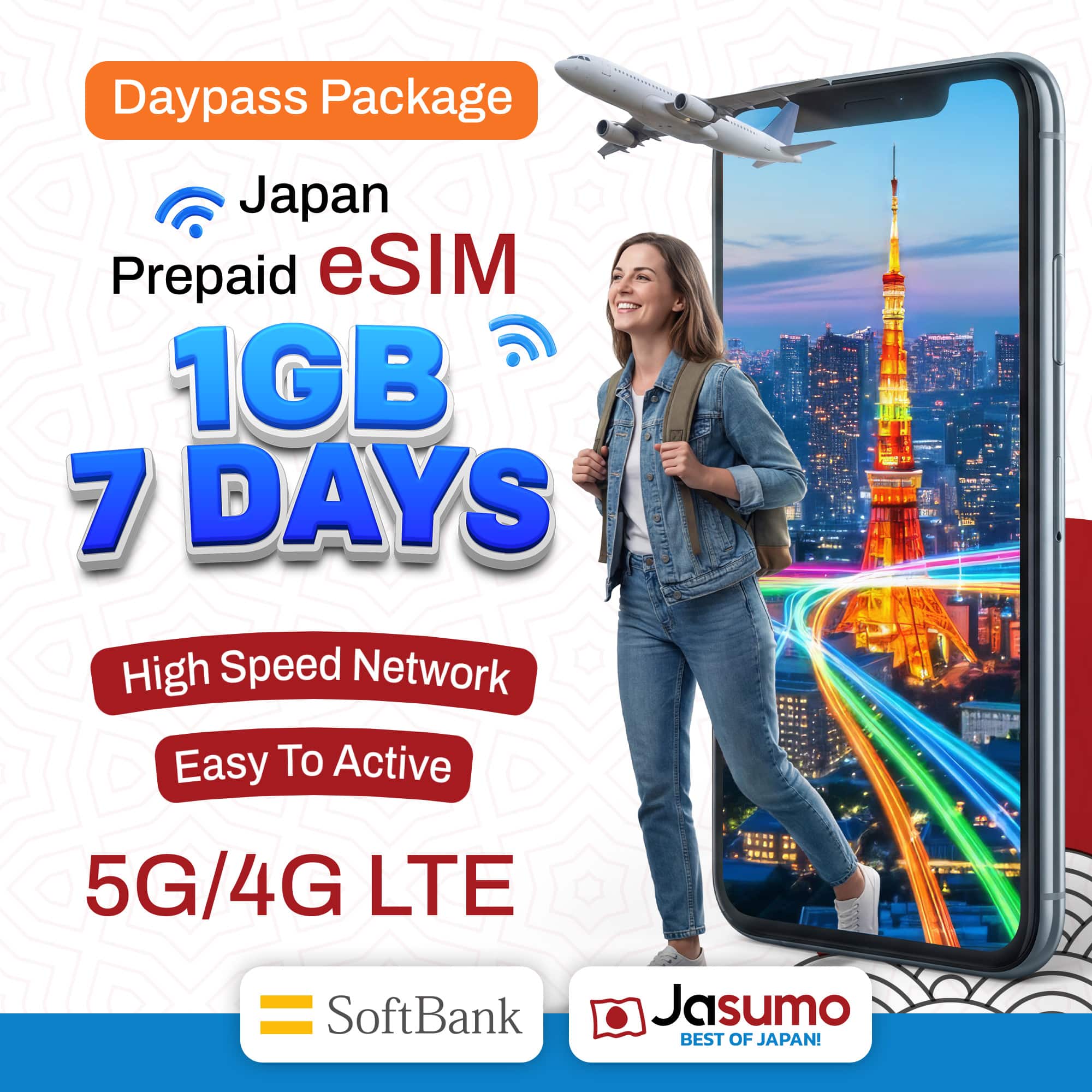 Japan eSIM 7 Day Plan – 1GB Per Day High-Speed Data (SoftBank)