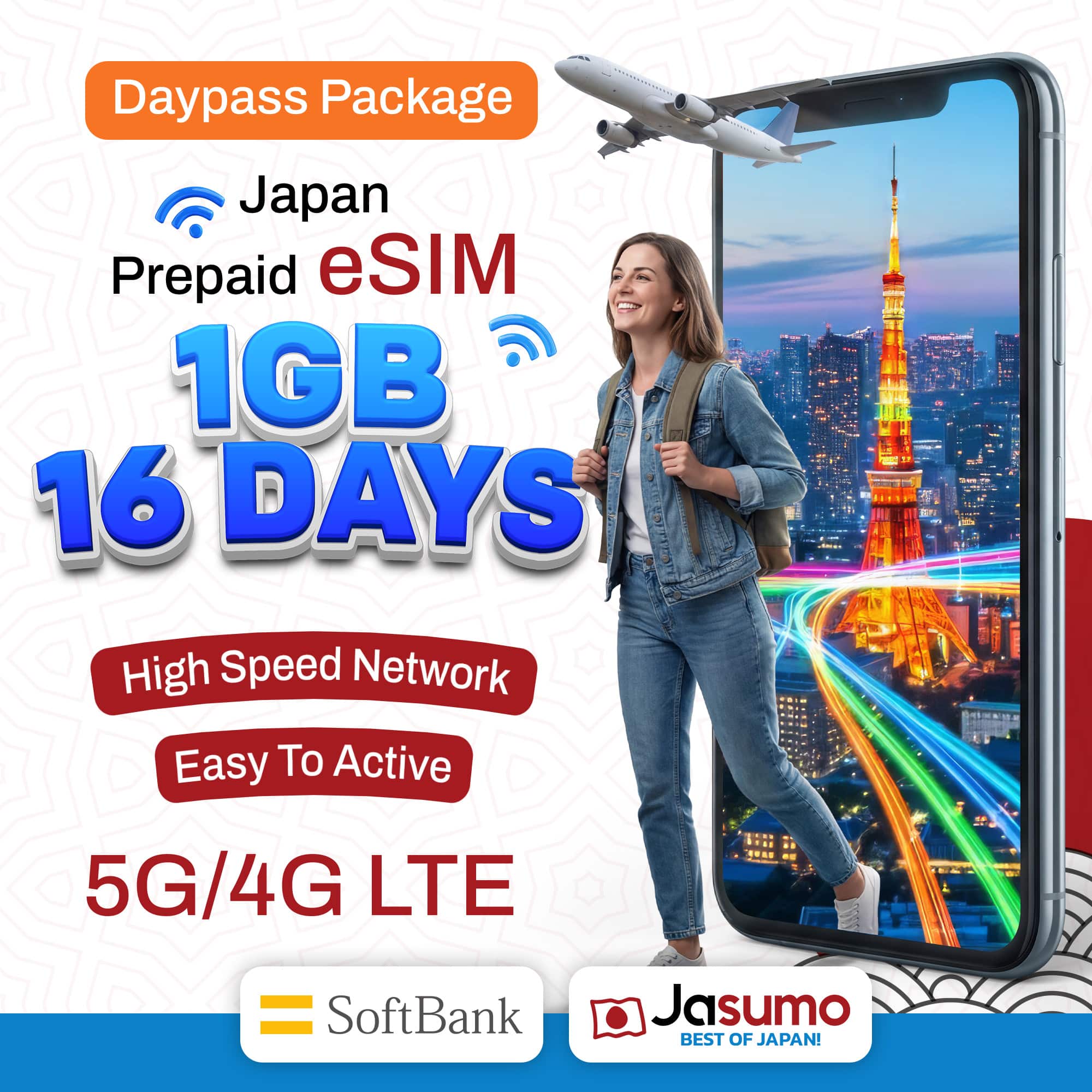 Japan eSIM 16 Day Plan – Daily 1GB High-Speed Data (SoftBank Network)