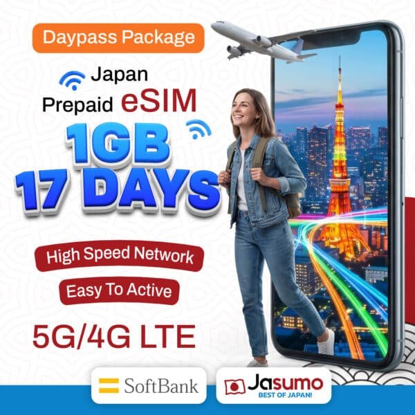 Japan eSIM 17 Day Plan – 1GB Daily High-Speed Data (SoftBank Network)