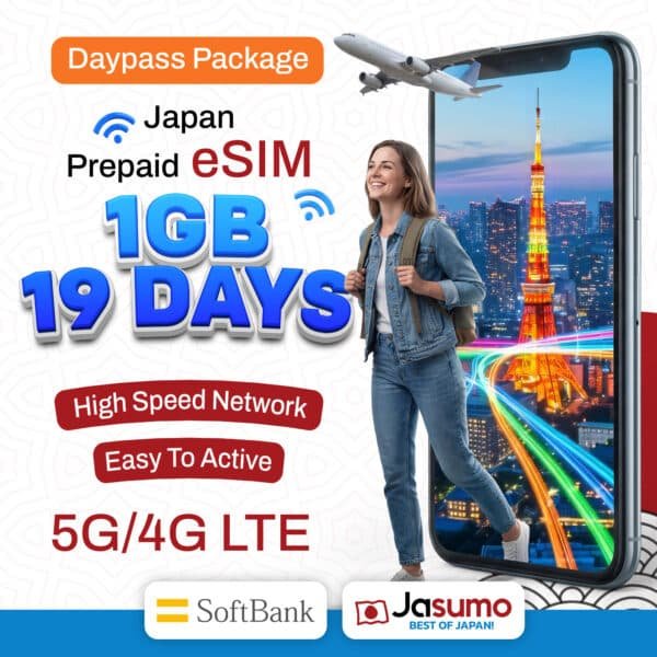 Japan eSIM 19 Day Plan – 1GB Daily High-Speed Data (SoftBank Network)