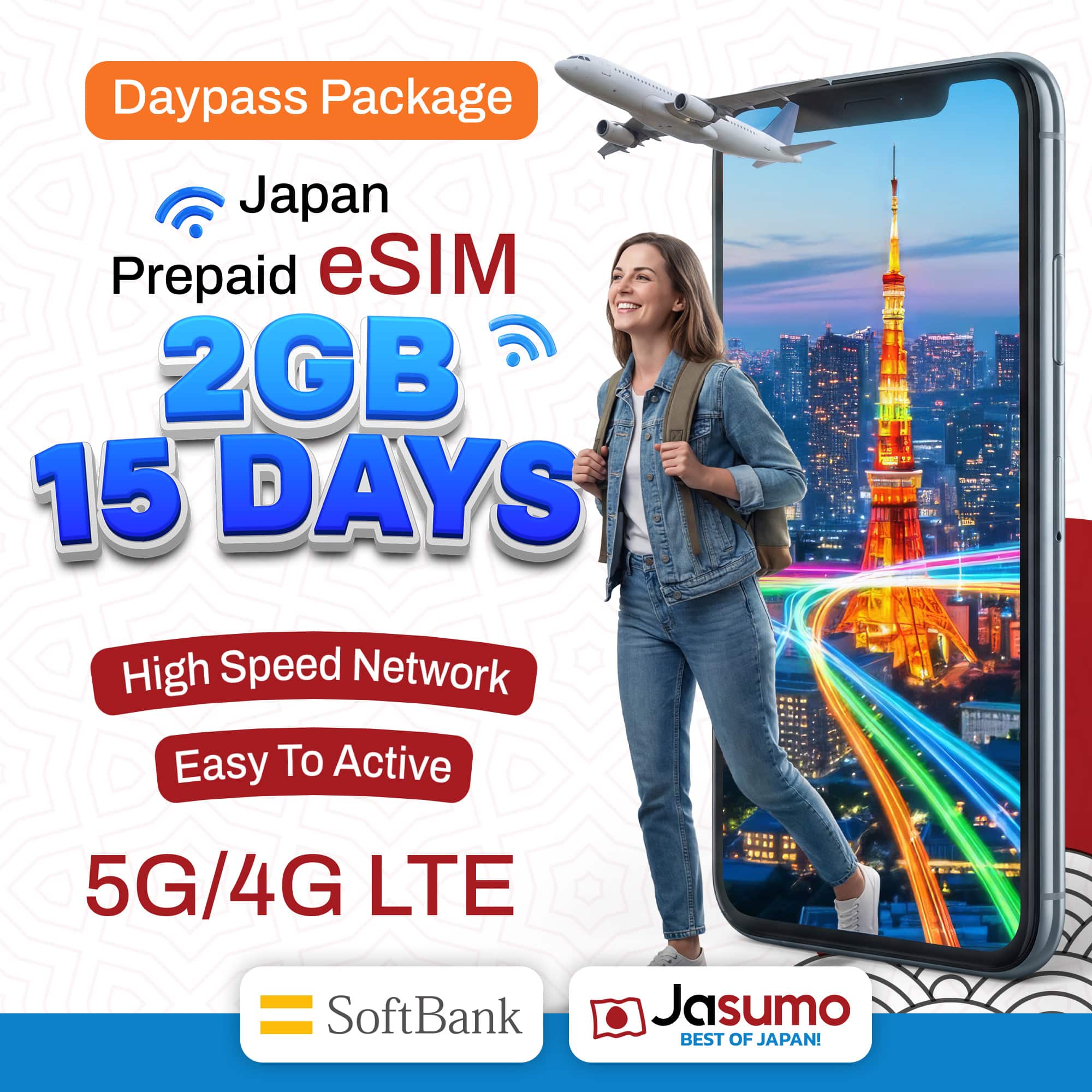Japan eSIM 15 Day Plan – 2GB Daily High-Speed Data (SoftBank Network)