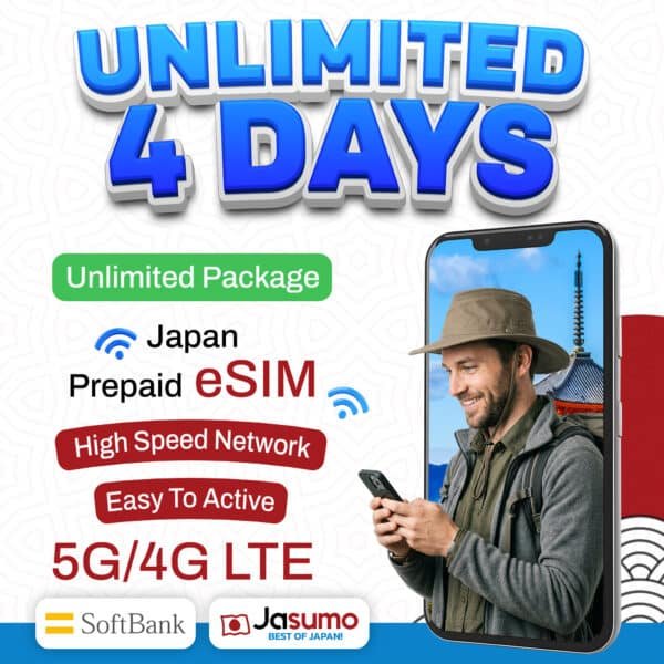 Japan eSIM 4 Day Plan – Unlimited High-Speed Data (SoftBank Network)