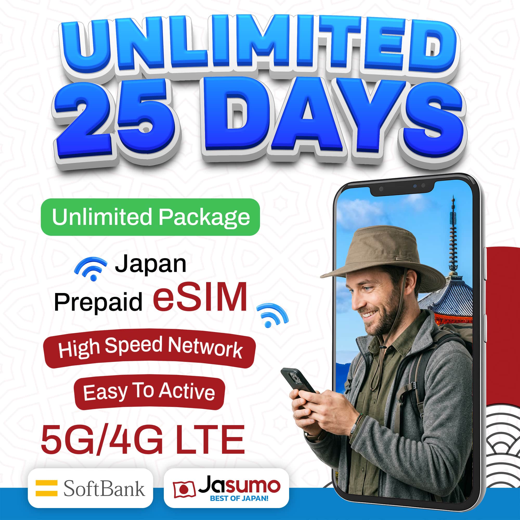 Japan eSIM 25 Day Plan – Unlimited High-Speed Data (SoftBank Network)
