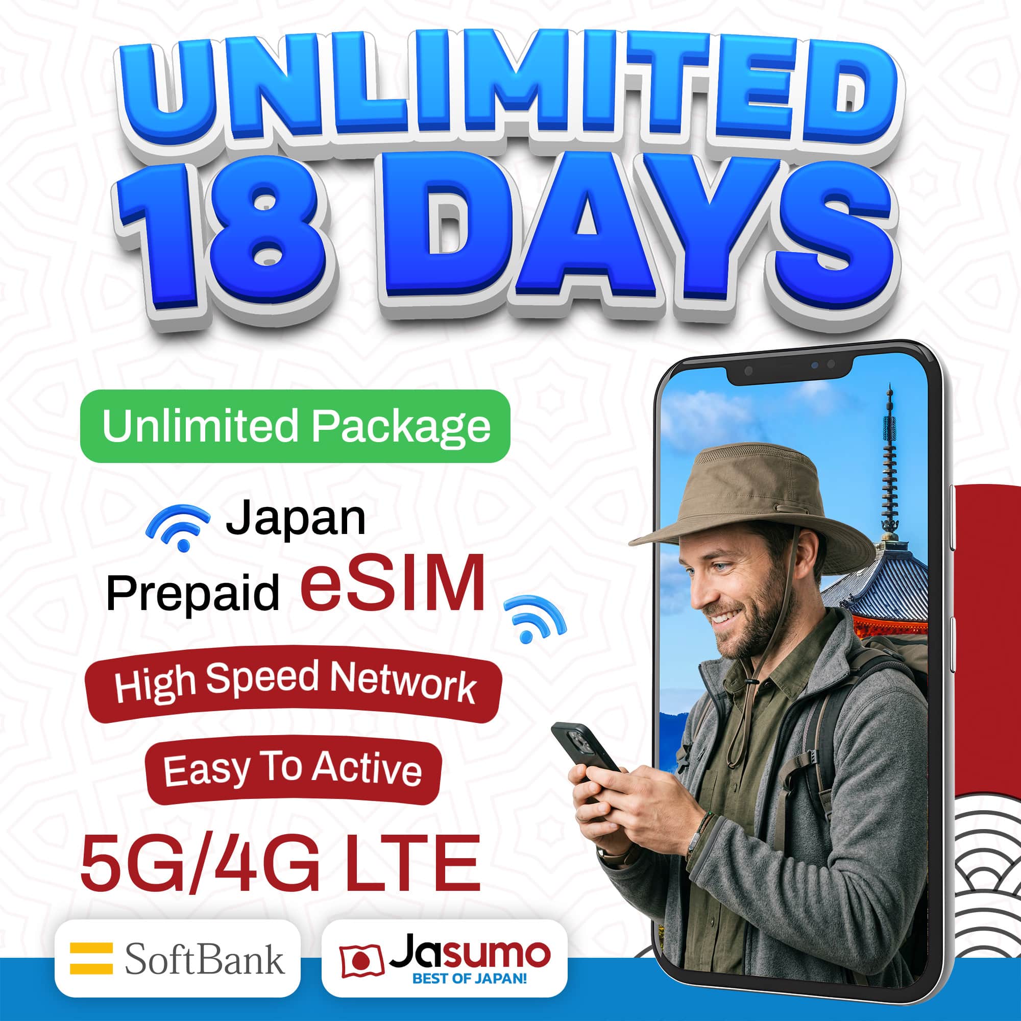 Japan eSIM 18 Day Plan – Unlimited High-Speed Data (SoftBank Network)