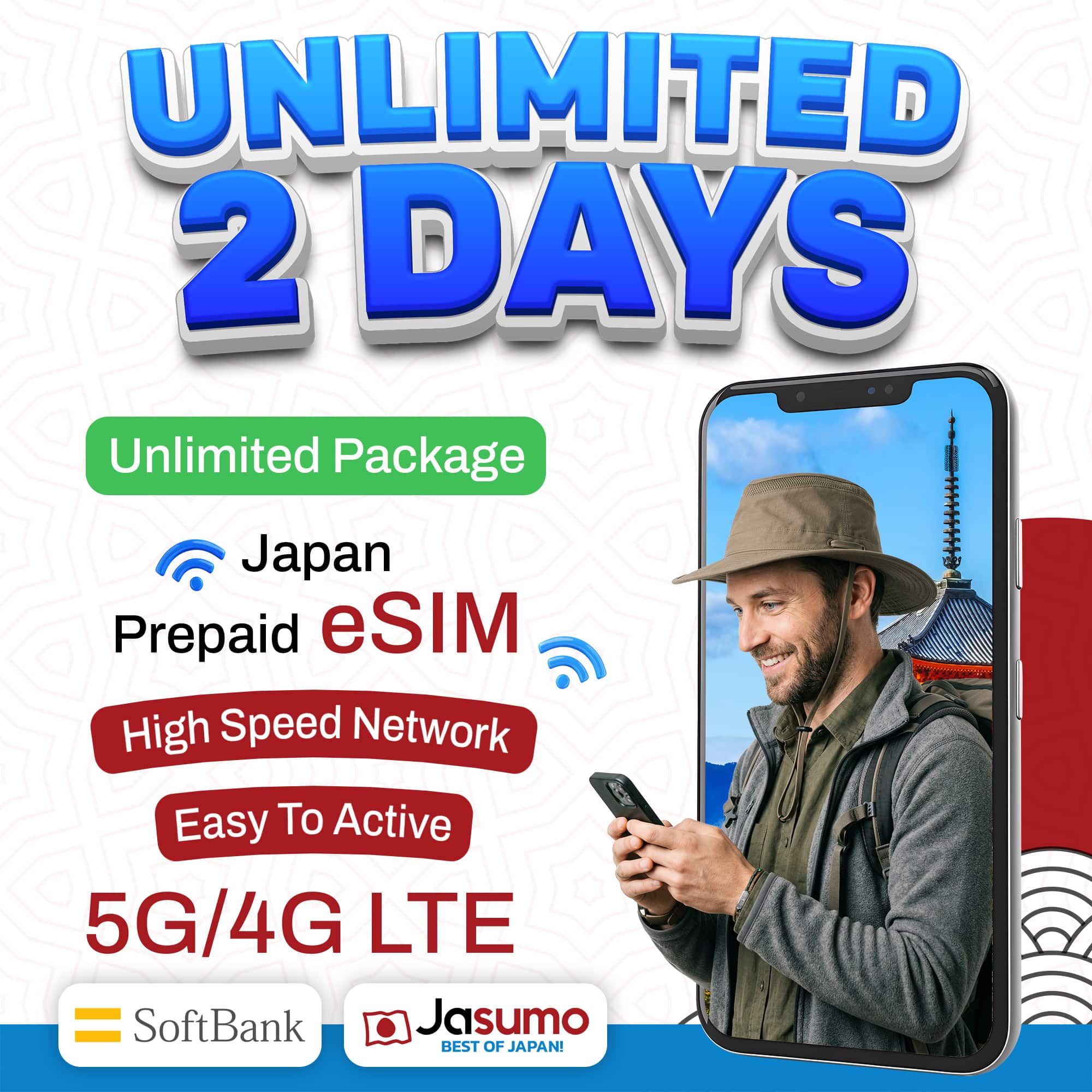 Japan eSIM 2 Day Plan – Unlimited High-Speed Data (SoftBank Network)